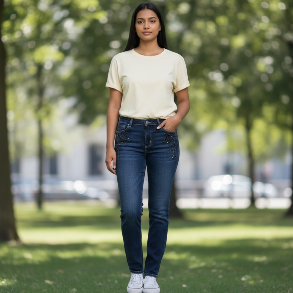 W62 skinny jeans! Cool rhinestone design on sides!